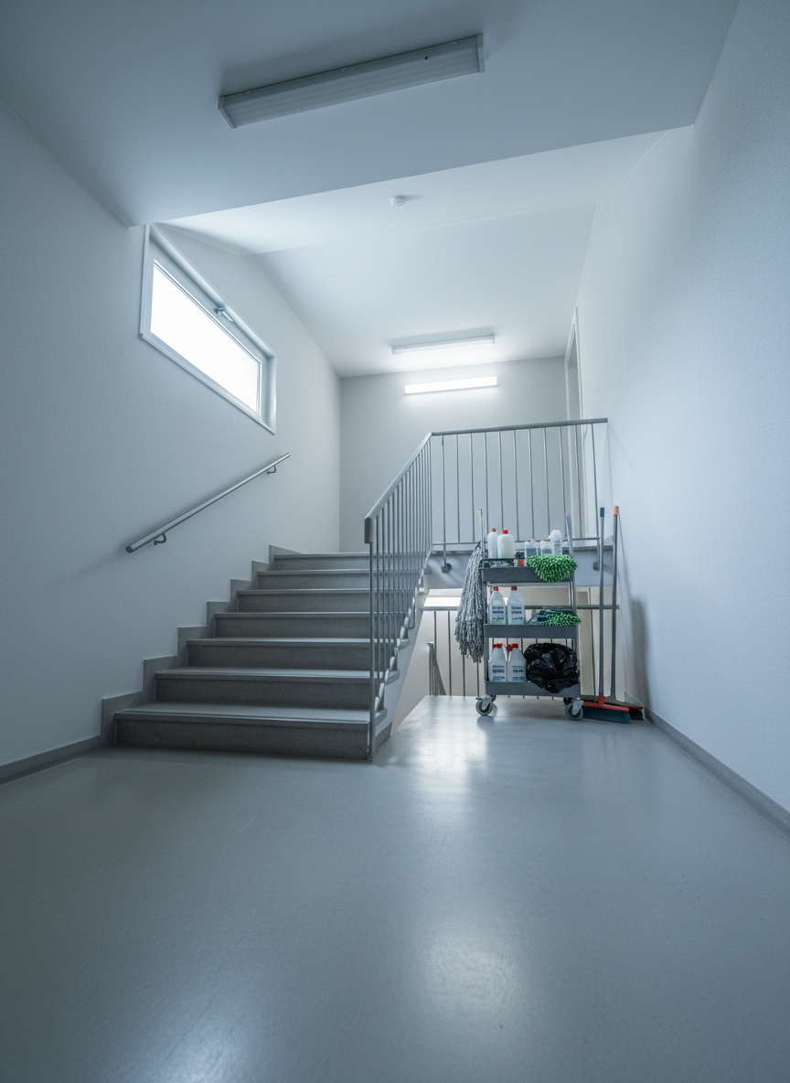A spotless industrial stairwell and corridor in an apartment building in El Prat de Llobregat, with perfectly swept concrete floors and dust-free metal railings with a subtle matte finish. The stair edges are clearly visible, free of debris, and the walls are freshly wiped, showing a uniform light color without marks. At the base of the stairs, a neatly parked janitorial cart holds organized cleaning supplies: labeled bottles, folded mops, trash bags, and a compact broom. Cool daylight filters in from a small side window, combining with soft ceiling lights to create balanced illumination and gentle shadows. Photographic realism, shot from a slightly low angle looking up, emphasizing order, safety, and the reliability of regular building maintenance.