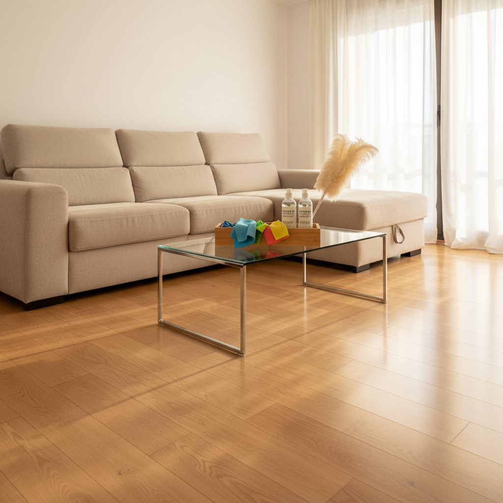 A pristine residential living room freshly cleaned, with a light beige modular sofa, dust-free glass coffee table, and immaculate wooden flooring in a modern apartment in El Prat de Llobregat. The floor shows subtle, even reflections, and the surfaces are completely free of clutter. On the coffee table, a neatly arranged caddy holds color-coded microfiber cloths, eco-friendly cleaning sprays, and a feather duster with fine, soft plumes. Soft afternoon sunlight enters through a large balcony window, filtered by sheer white curtains, casting gentle, elongated shadows. Photographic realism, captured at eye level with a balanced composition and slight depth of field separation, creating a serene, welcoming, and professionally maintained domestic environment.