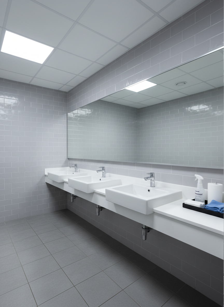 A bright, hygienic commercial restroom interior with freshly sanitized white ceramic sinks, chrome faucets gleaming without water spots, and a mirror that is completely streak-free. The tiled walls in soft gray tones appear newly scrubbed, and the floor tiles show a uniform matte cleanliness with no visible grime. On a nearby counter, a small, organized tray displays disinfectant spray, folded paper towels, and a blue microfiber cloth. Overhead LED lighting provides even, neutral illumination, enhancing a clinical level of cleanliness. Photographic realism from a slightly wide-angle perspective, ensuring sharp detail in every corner, with a calm, professional, and reliable atmosphere that emphasizes meticulous hygiene and maintenance services.