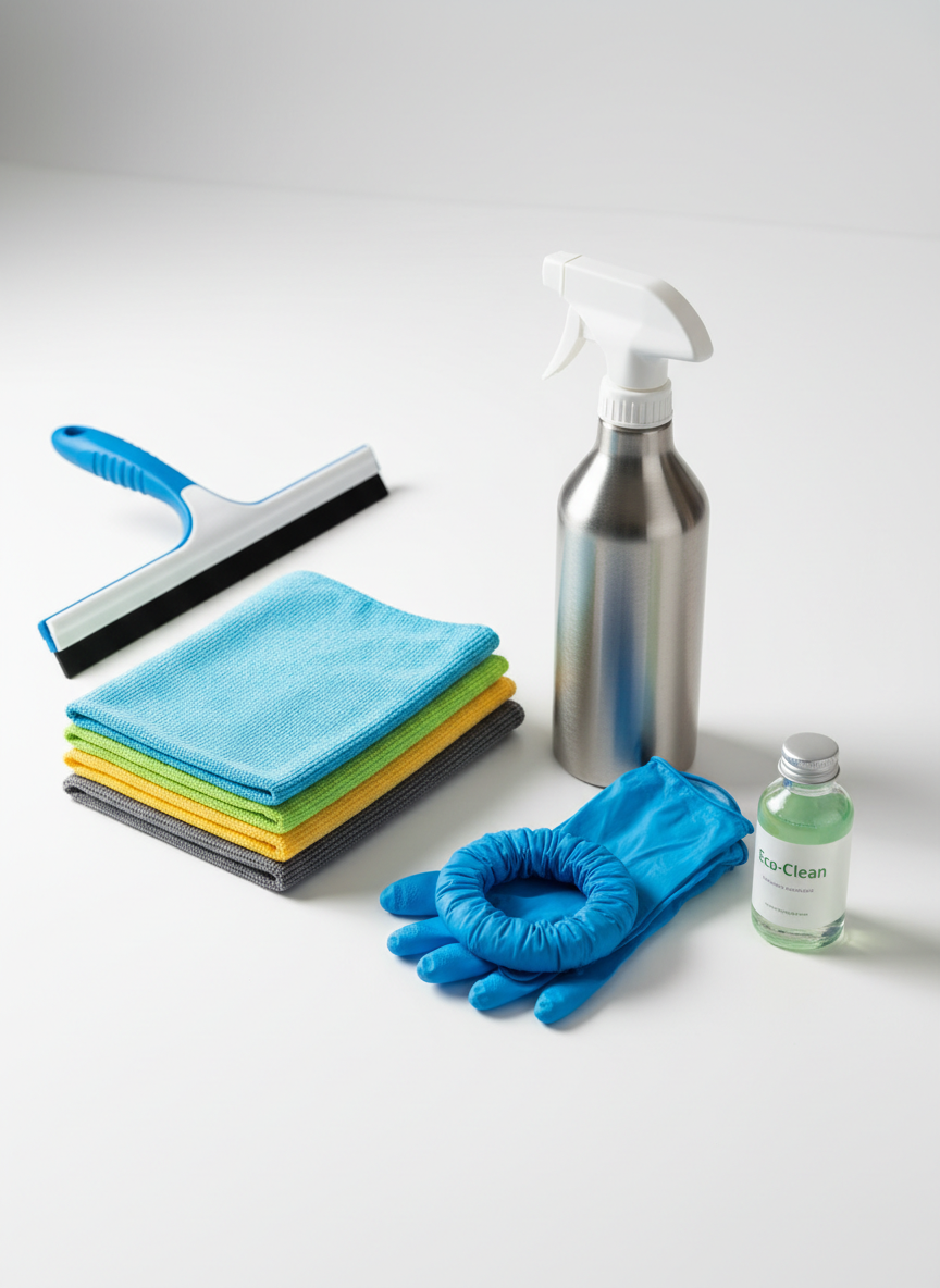 A detailed close-up of high-quality cleaning tools arranged on a clean white surface, representing professional cleaning services. A blue and white squeegee with a rubber edge lies beside a folded stack of textured microfiber cloths in various colors, a stainless-steel spray bottle with a soft metallic sheen, a neatly coiled pair of blue nitrile gloves, and a small labeled container of eco-friendly cleaning solution. The items are perfectly aligned with small, deliberate gaps between them. Soft studio lighting from one side creates gentle highlights and subtle shadows, emphasizing textures and cleanliness. Photographic realism with shallow depth of field, focusing sharply on the central tools while softly blurring the edges, conveying precision, professionalism, and modern, eco-conscious cleaning practices.
